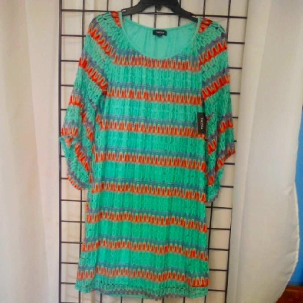 NEW Tacera dress Multicolored stretch lace lined crochet sleeve sz S NWT